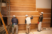 杉板パネルを慎重に壁に設置
