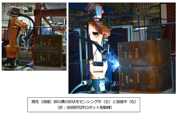 開先（溶接）部の溝の形状をセンシング中（左）と溶接中（右）