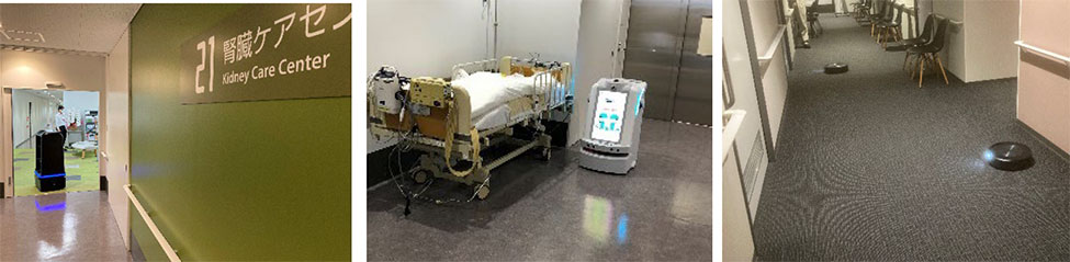 病院設備と複数ロボットを連携させた清掃・案内・配送等のサービスの実証導入の様子
