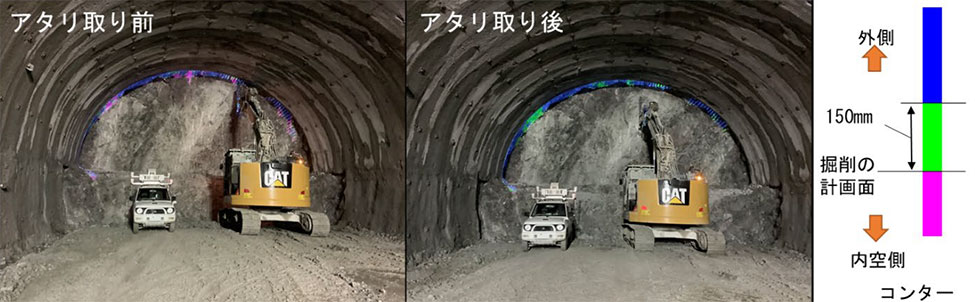 掘削過不足の画像照射（左：アタリ取り前、右：アタリ取り後）