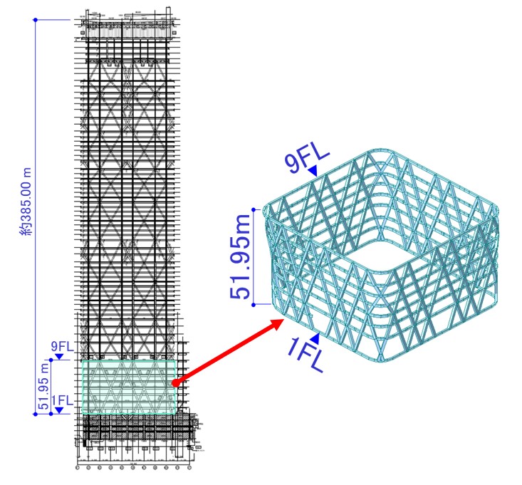 外殻制振構造架構図(左)とダイヤグリッド架構図
