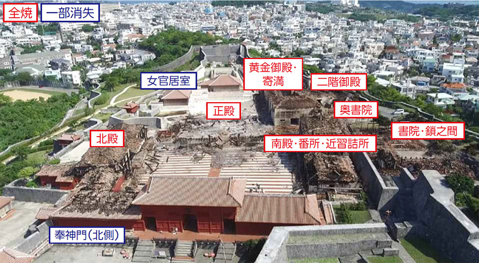 2019年10月31日未明に被災した9棟。当社が復元整備工事を手掛ける首里城正殿（中央）