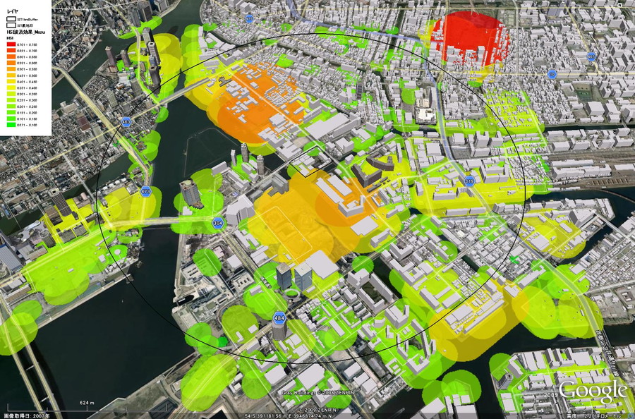 都市生態系ネットワーク評価システム「UE-Net」 モズの生息適地ネットワークの可視化例