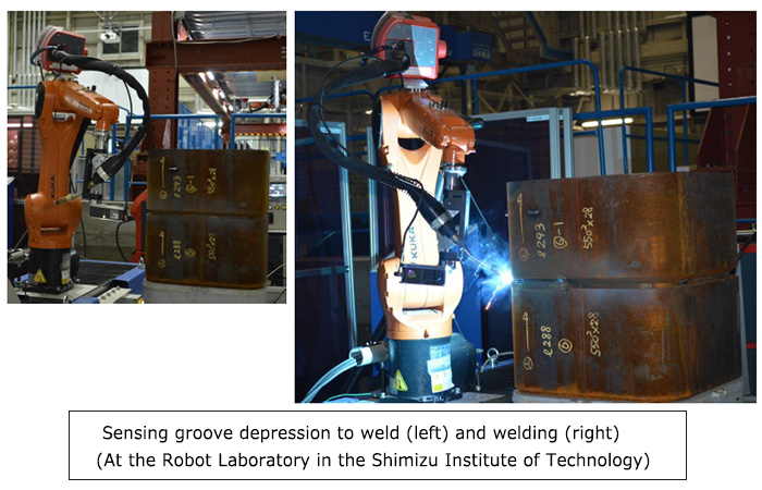 Sensing groove depression (to weld) (left) and welding (right)(At the Robot Laboratory in the Institute of Technology)