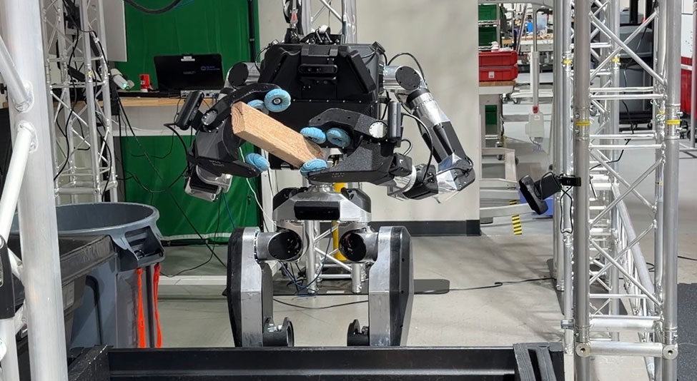 Humanoid AI robot transporting lumber