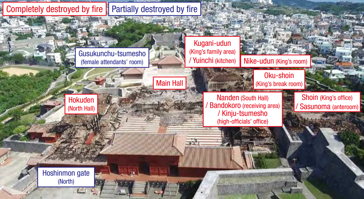 The nine buildings damaged in the early hours of October 31, 2019. The Shuri Castle Main Hall (center), for which our company is undertaking restoration and reconstruction work.