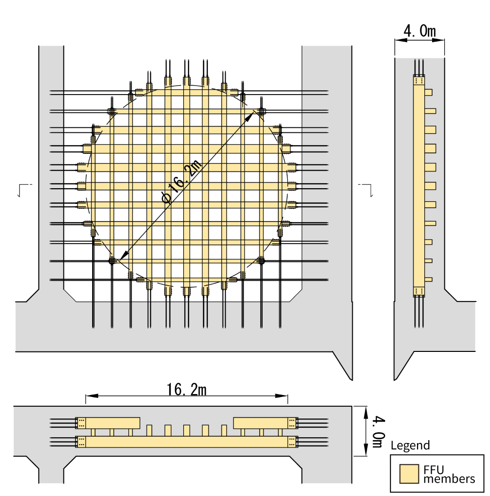 Composite structure combining grid-arranged FFU members and concrete