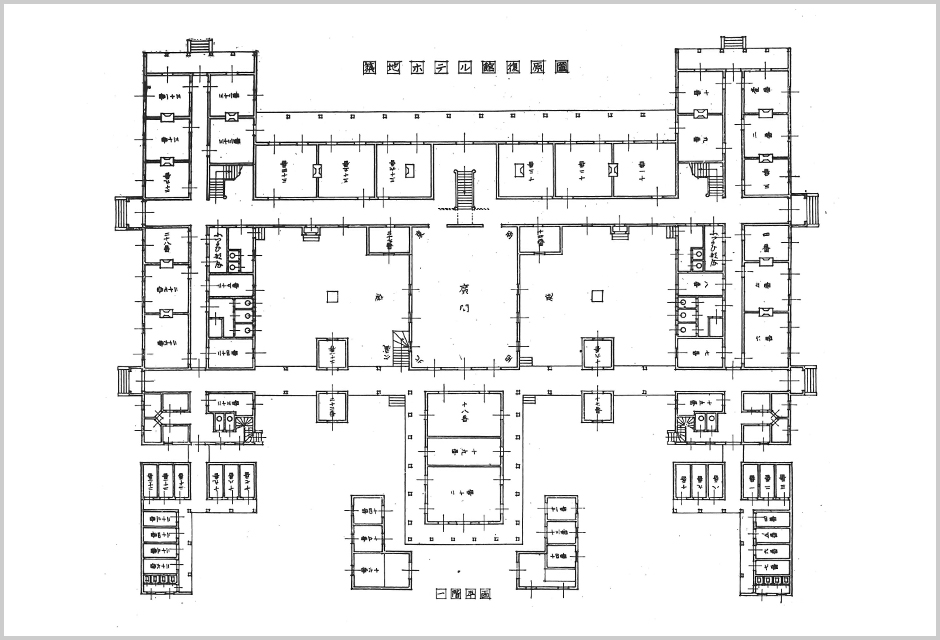 First floor plan from restoration (from <i>Meiji Shoki no Yofu Kenchiku </i>(Early Meiji Western-style Architecture) by Saburo Horikoshi