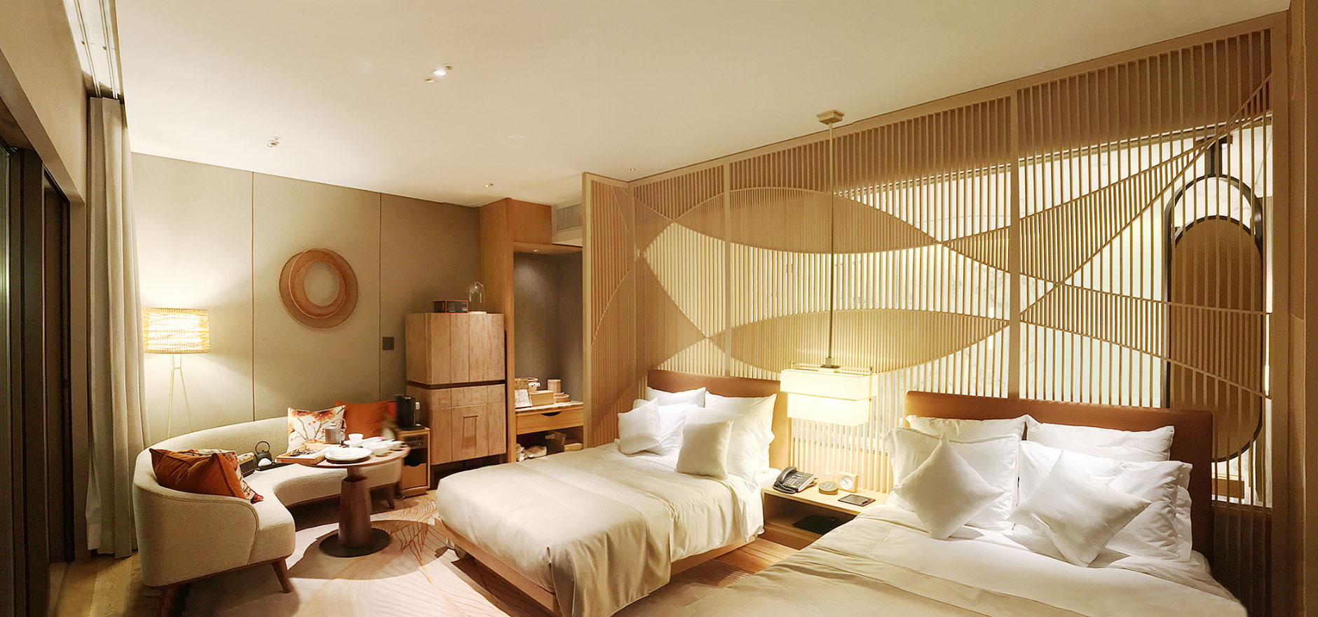 Beautiful Japanese cypress latticework by a famous craftsman in Kyushu used in all guest rooms