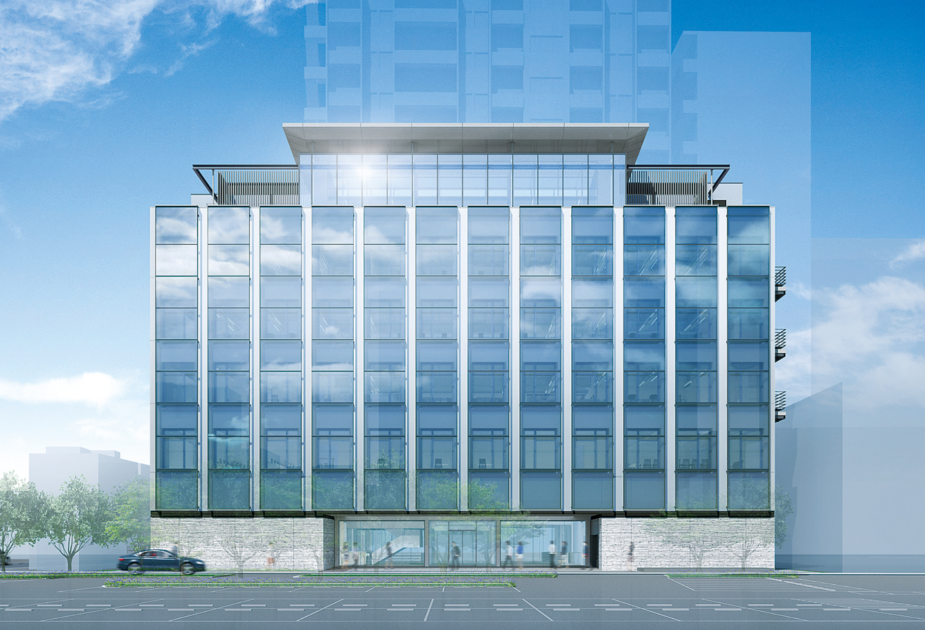 External perspective of the new Tohoku Branch office building with distinctive exterior glass
