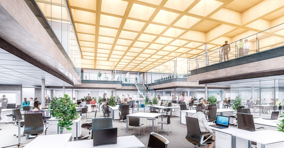 Coffered ceiling constructed of fire-resistant wood and steel beams that combine steel frame with Noto cypress wood