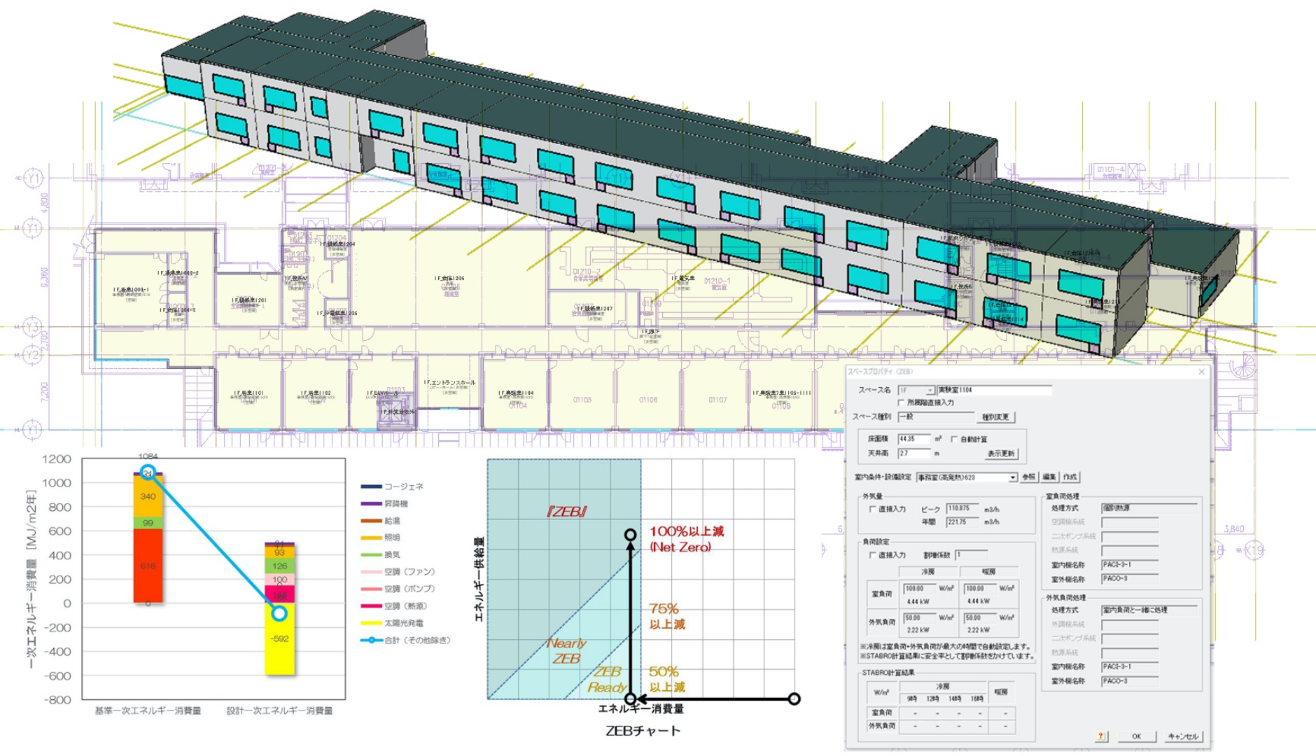 Optimization was achieved through simulation using the ZEB Visualizer, ZEB evaluation and verification tool. We performed repeated simulations of energy conservation performance for the multiple proposals being considered, to present a timely proposal on the optimal ZEB solution for the building, and reach a consensus with the building operator.