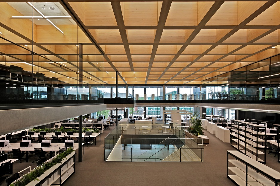 Coffered ceiling in the Hokuriku Branch office constructed of Shimizu Hy-wood beams