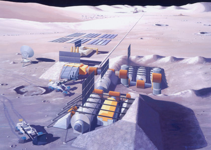 Image of a lunar base built of concrete produced with resources from the moon