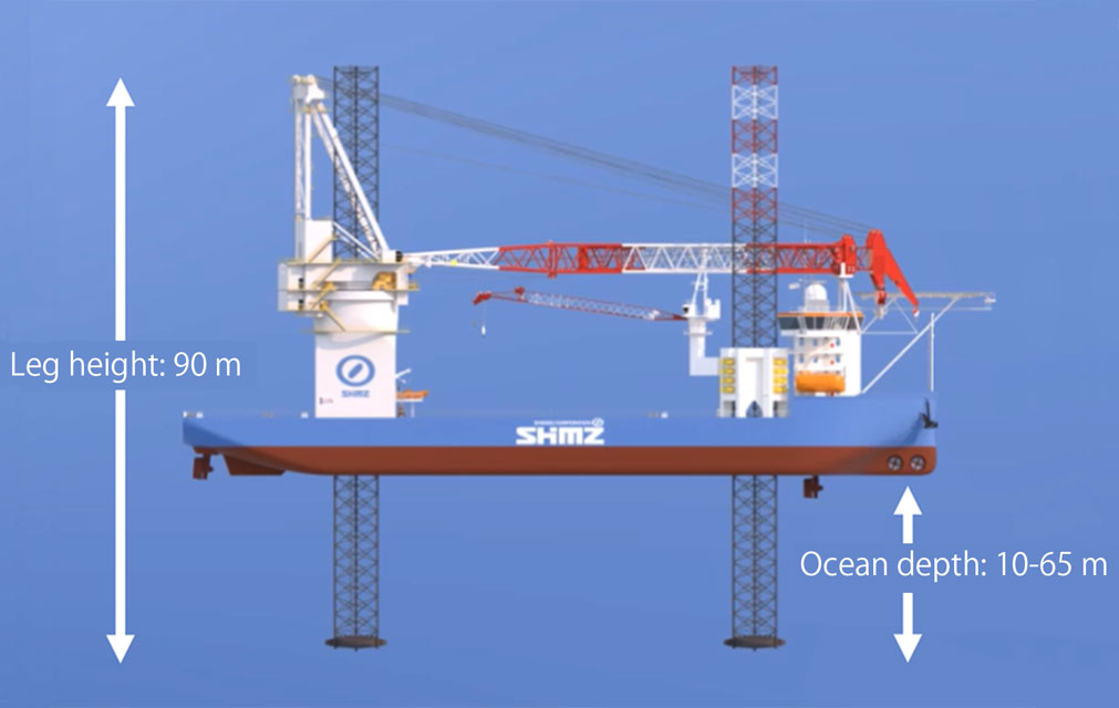 Diagrams of self-propelled SEP vessel, capable of constructing the largest class of wind turbine