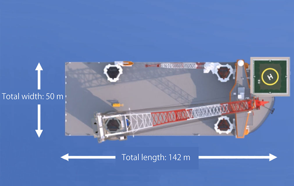 Diagrams of self-propelled SEP vessel, capable of constructing the largest class of wind turbine