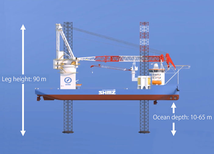 Diagrams of self-propelled SEP vessel, capable of constructing the largest class of wind turbine