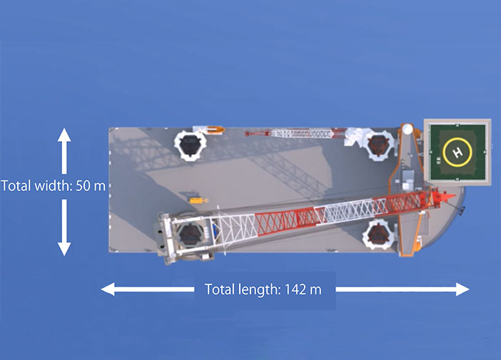 Diagrams of self-propelled SEP vessel, capable of constructing the largest class of wind turbine