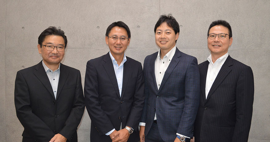 Those in charge in the Investment and Development Division. From the left, Naoyuki Tanemura, GM; Shin Oshima, Manager; Tomoharu Nabata; and Jun Kaneko, Deputy General Manager