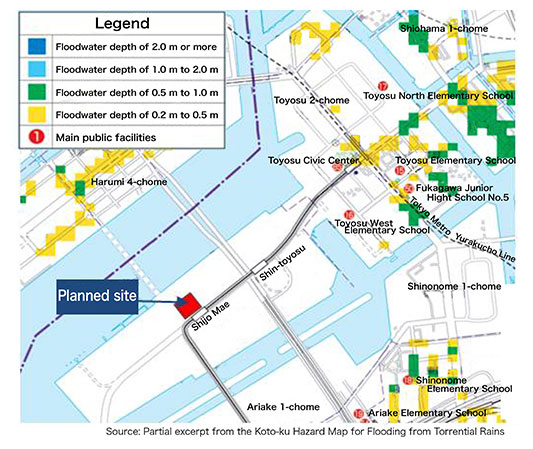 Source: Partial excerpt from the Koto-ku Hazard Map for Flooding from Torrential Rains