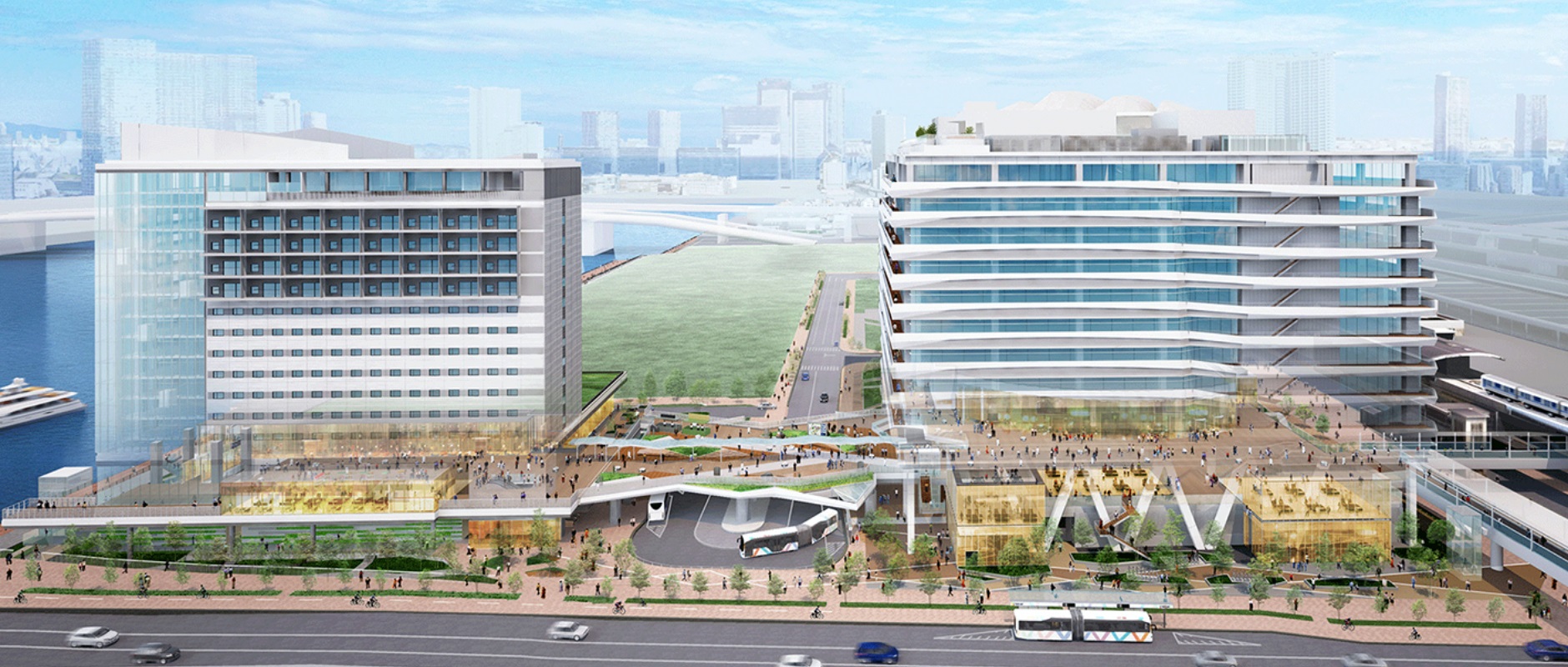 Completed perspective of the Blocks 4-2 and 4-3 Toyosu 6-chome project (tentative name). The specially designed columns using LACTM were used in the transportation plaza being built between the buildings on the left and right.