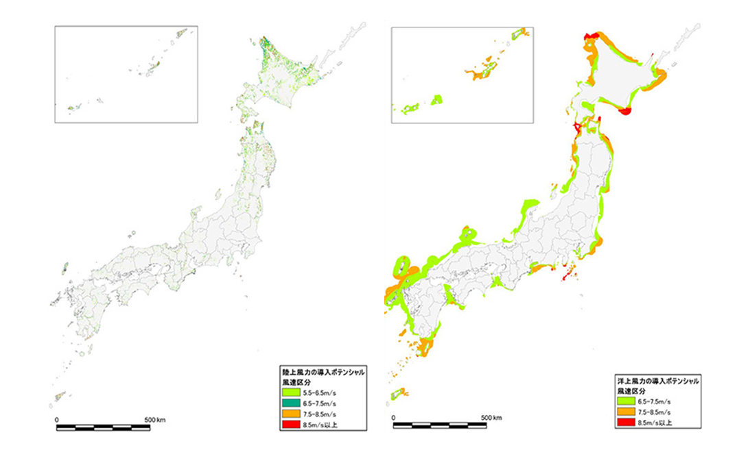 陸上風力（左）・洋上風力（右）の導入ポテンシャル分布図