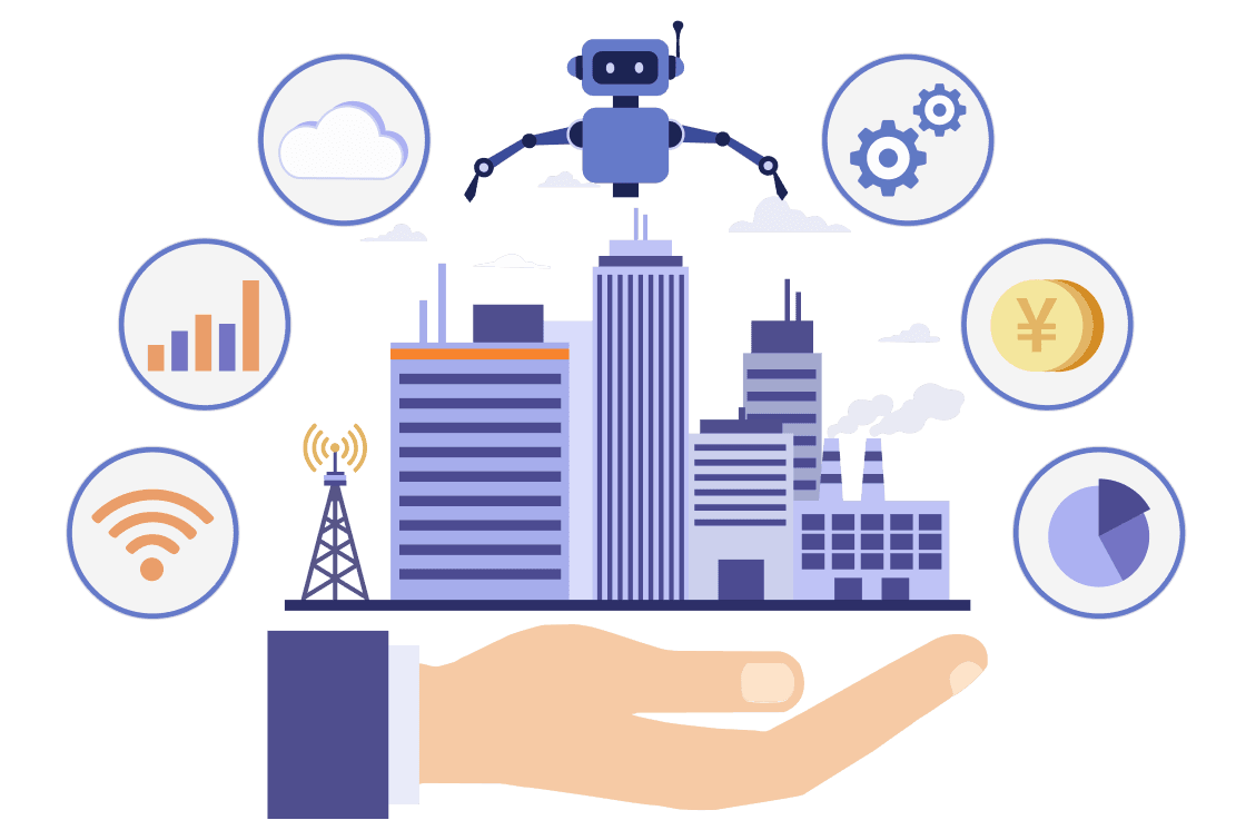 アプリ×ロボット×ファシリティデータのイラスト