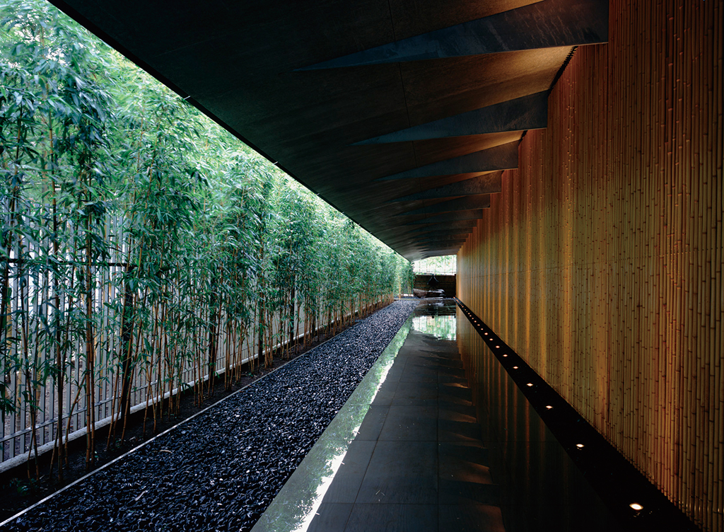 美術館の壁一面を覆う竹の壁。反対側の孟宗竹の植栽と相まって、和の雰囲気が際立つ（©藤塚光政）