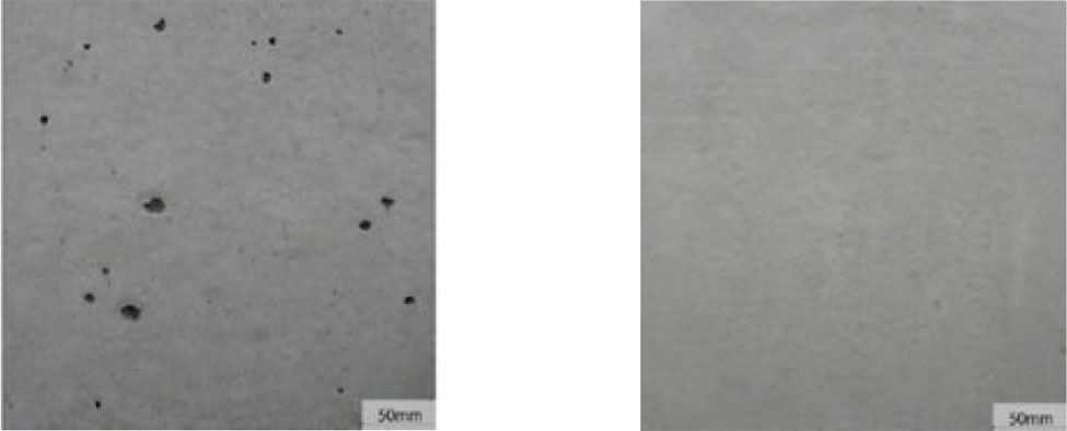 図1:コンクリート仕上げの気泡痕(左:従来型枠、右:アート型枠)