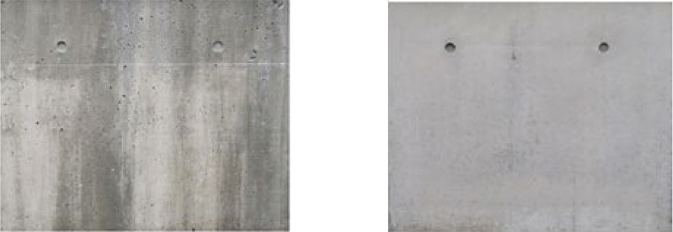 図2：コンクリート仕上げの色むら（左:従来型枠、右:アート型枠）