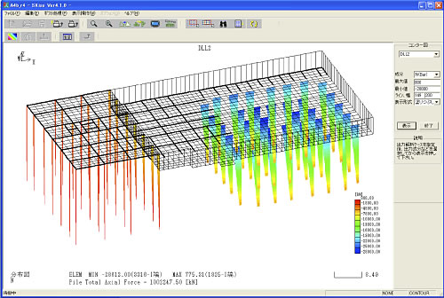 解析中のパイルドラフト基礎の画面。左が杭基礎、中央が直接基礎、右が摩擦杭による基礎。杭にかかる力が色分けにより表示されている。