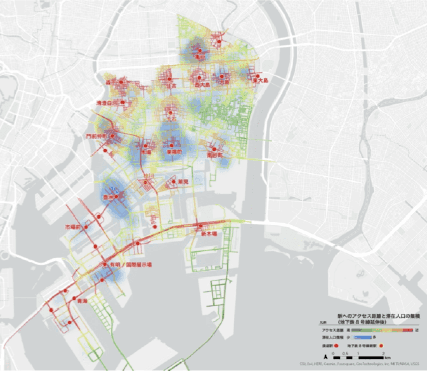 図1. 駅へのアクセス距離と滞在人口の集積