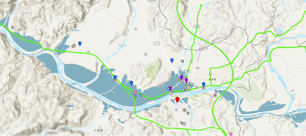 令和2年7月豪雨の浸水域と医療福祉施設の重ね合わせ図