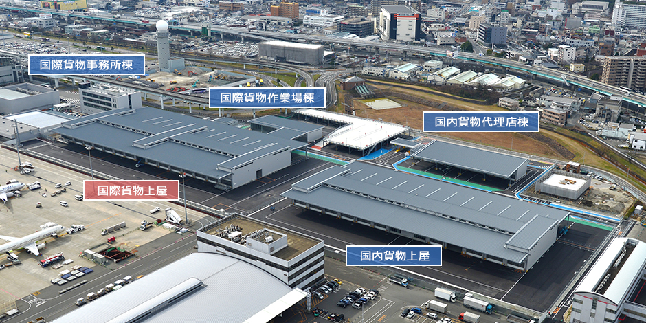 福岡空港貨物施設の航空写真。メイン5棟の他9棟、合わせて14棟すべての設計施工を担当した。無柱スペースの規模は、国際貨物上屋が150×50ｍ、国内貨物上屋が59×38ｍ・49×38ｍ