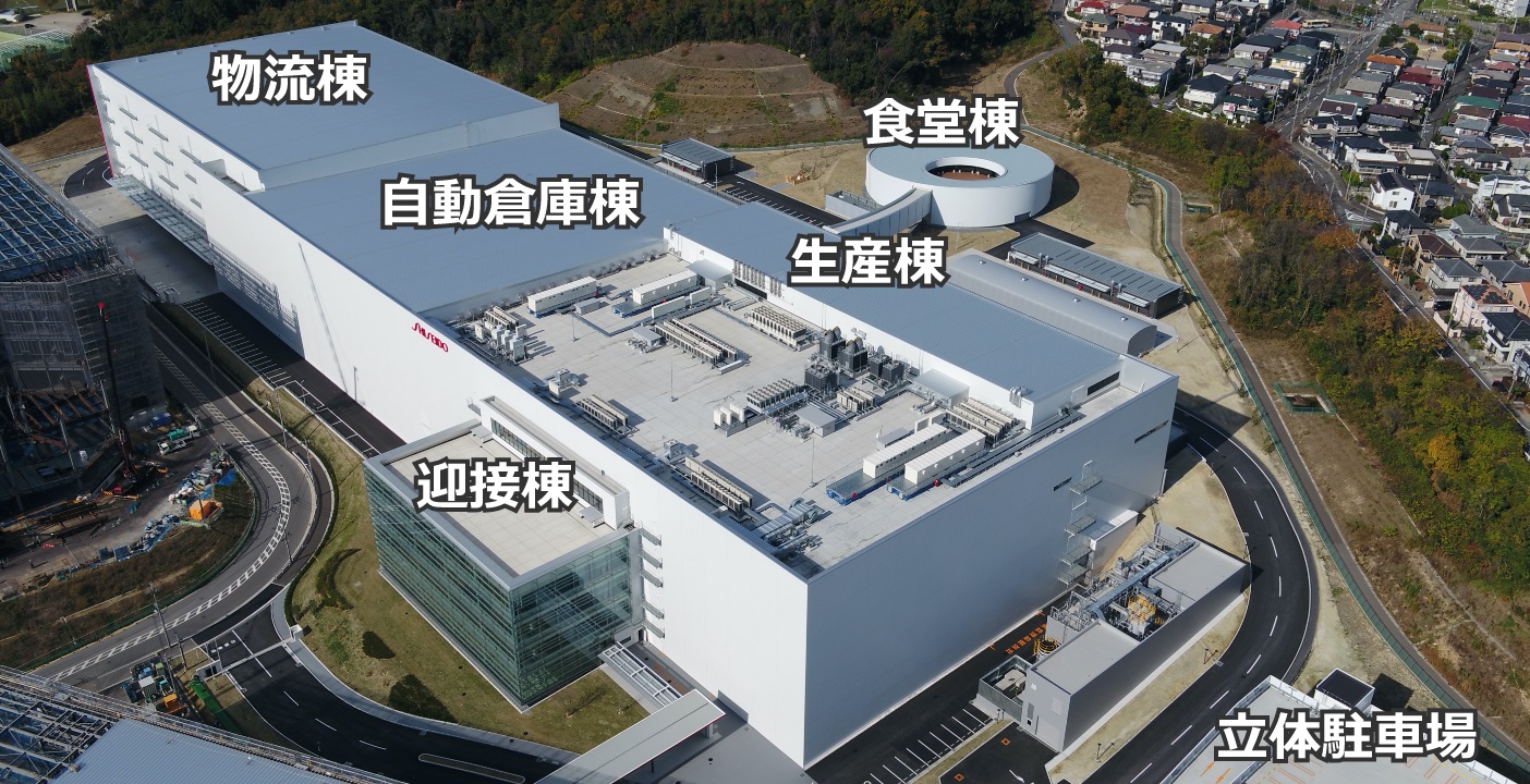 生産棟、自動倉庫棟、物流棟を1棟化した資生堂の大阪茨木工場。手前の迎接棟と奥の食堂棟では高低差が13.5ｍある