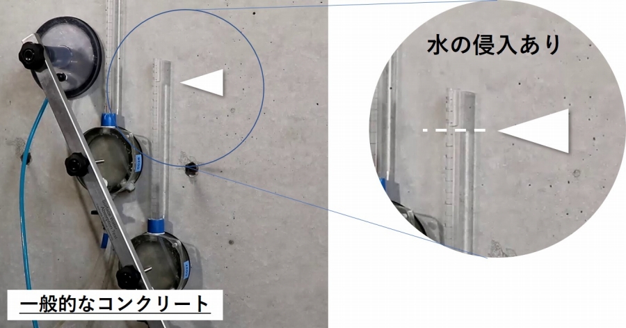 ガラスシリンダー内の水量の変化でコンクリート表面からの吸水速度を調べる試験の様子